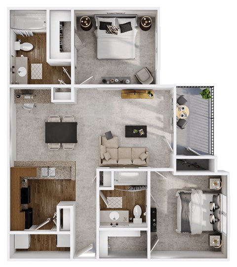 a 3d floor plan of a studio apartment with a bedroom and a living room